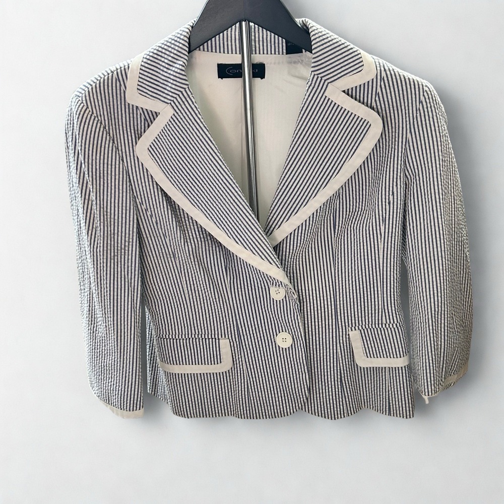 Context Womens Seersucker‎ Pinstripe Blazer Blue White Contrast Trim Size 2